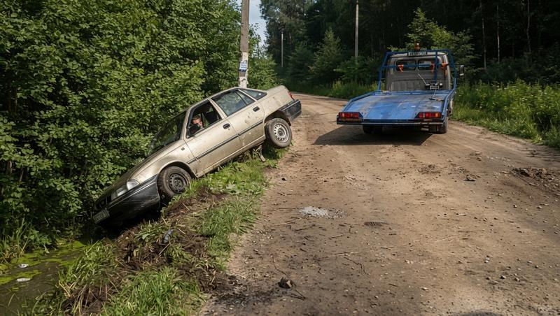 Эвакуатор вытягивает автомобиль из кювета лебедкой